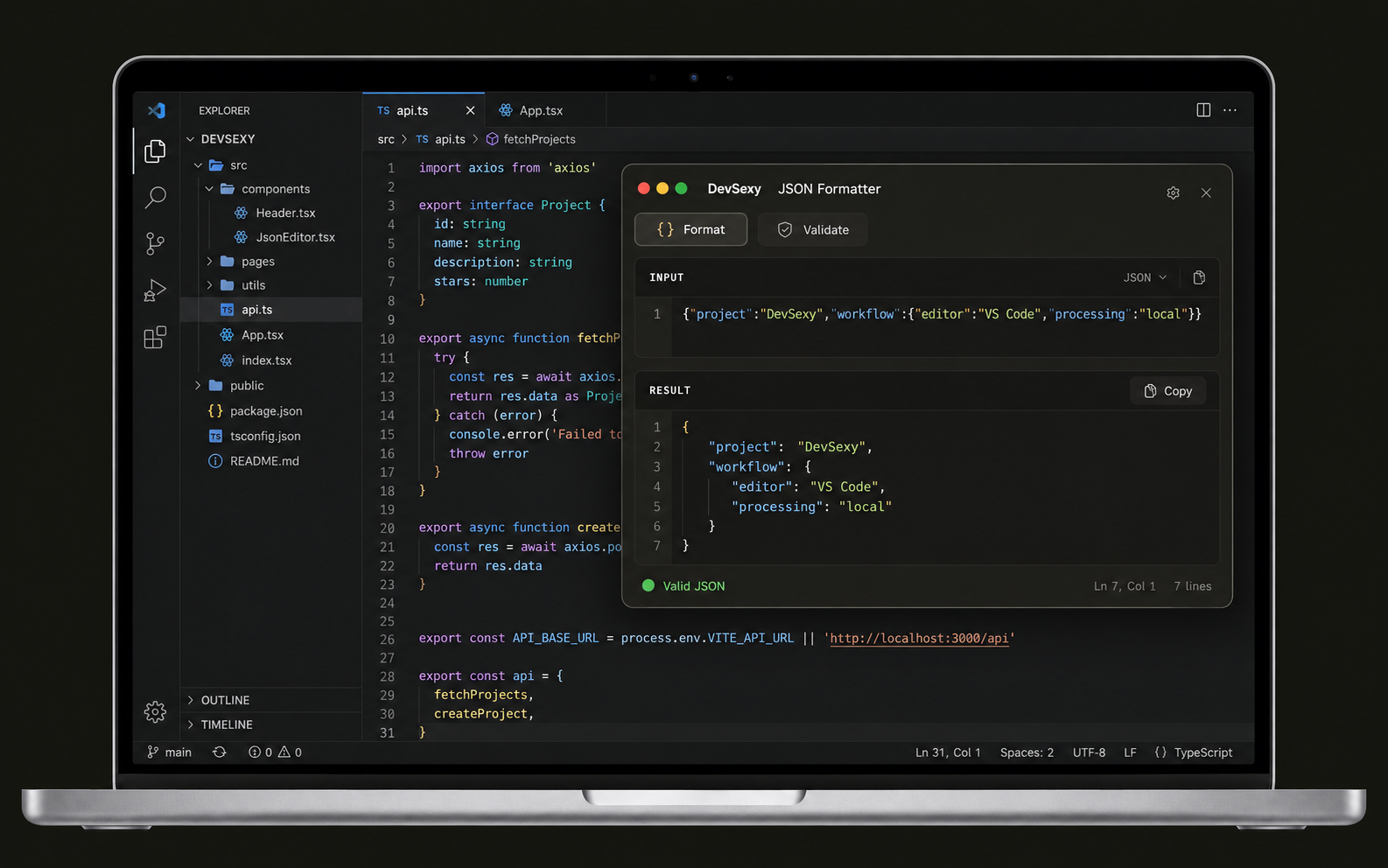 使用情境示意：VS Code 程式碼上方浮出 DevSexy JSON 工具，周圍程式碼仍然可見